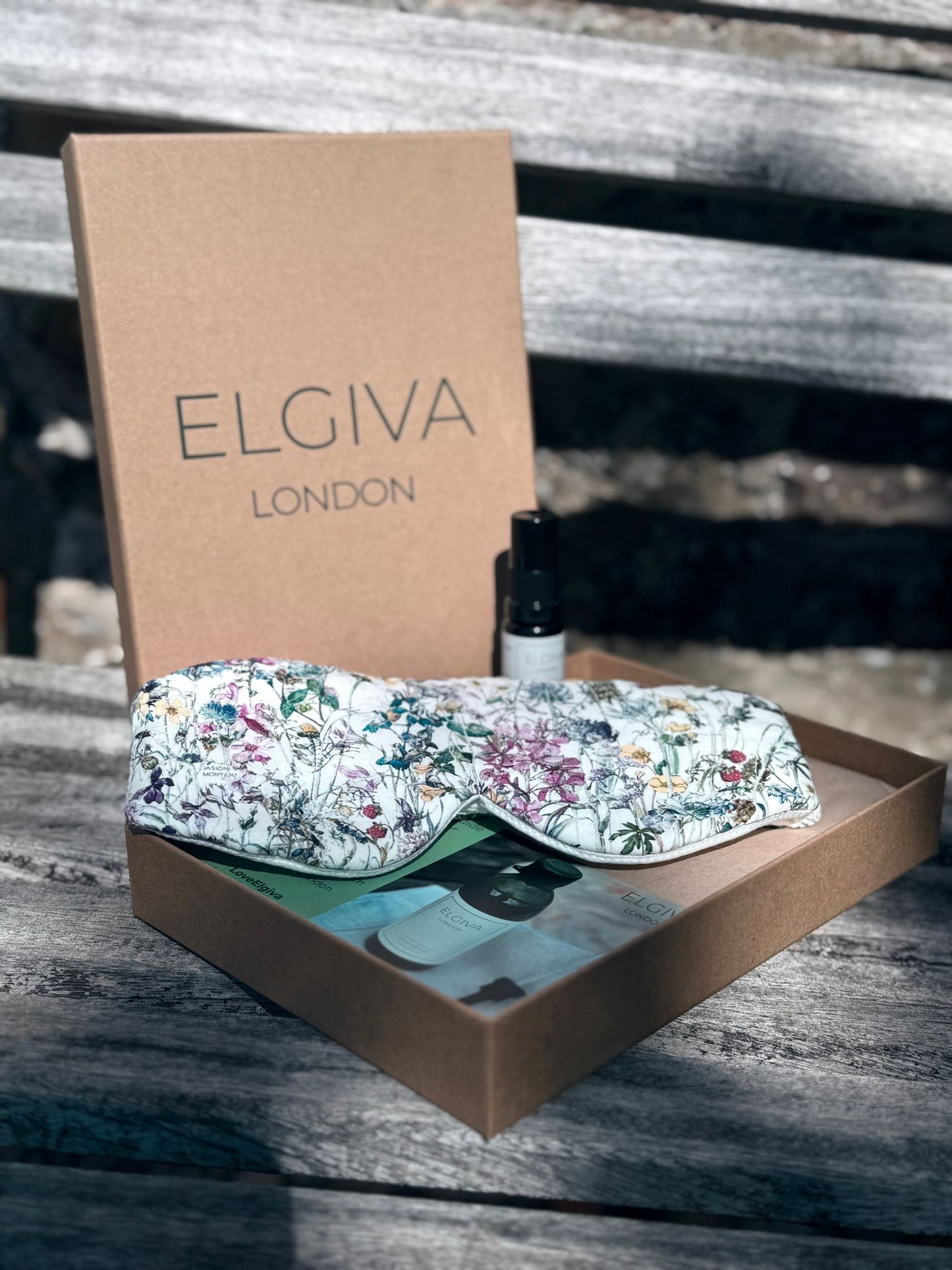 Elgiva sleep mask outer part pretty cotton Liberty print, inner part silk, boxed with 10ml Elgiva lavender oil