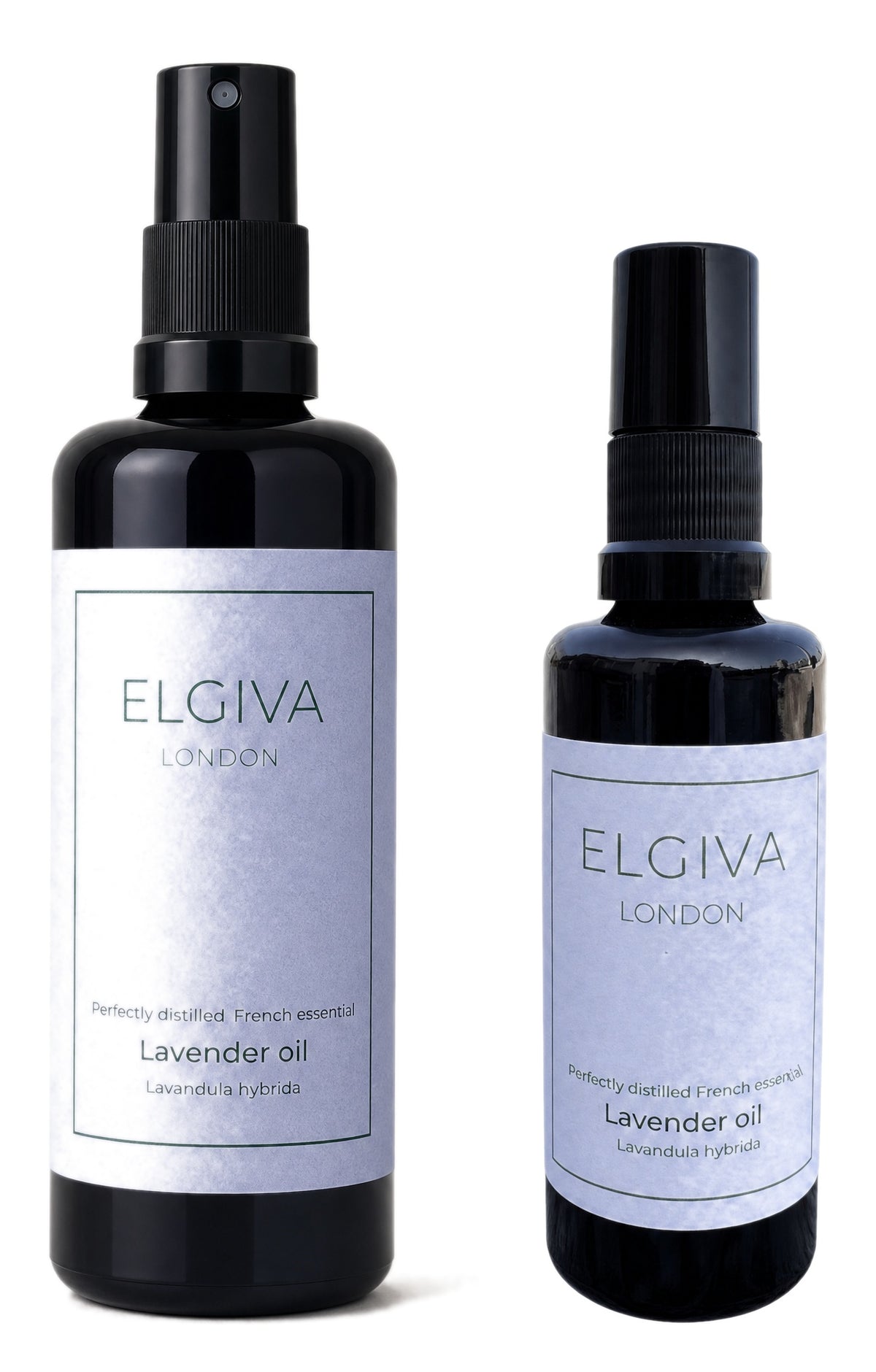 Two violet glass spray bottles of ELGIVA LONDON Lavender oil on a white background, one 100ml bottle and one 50ml bottle.