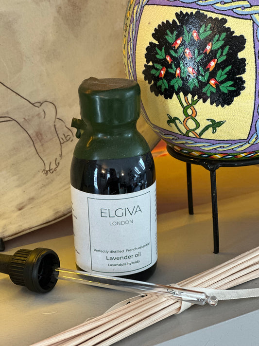 Signature wax topped 100ml bottle of Elgiva London lavender oil with 15 natural reed diffuser sticks and a pipette dropper