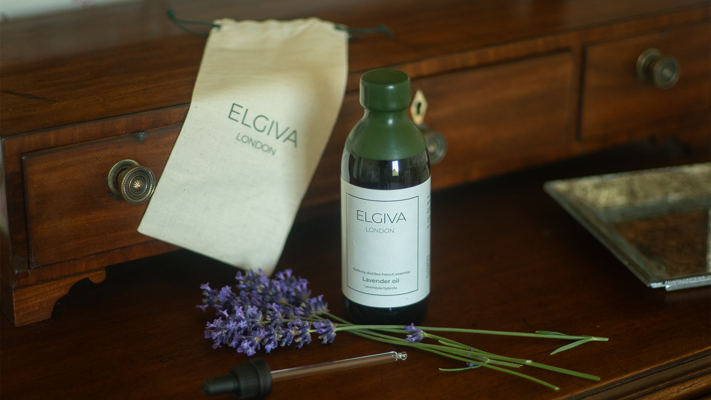 Elgiva London 250ml wax-topped lavender oil bottle, styled single bottle shot