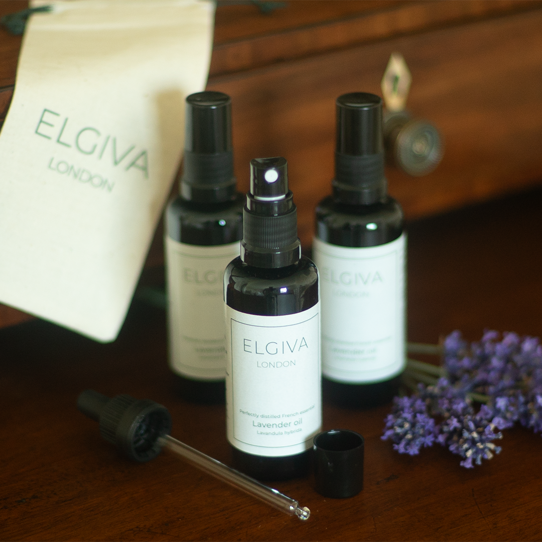Elgiva London 50ml lavender oil bottles, grouped bottle shot