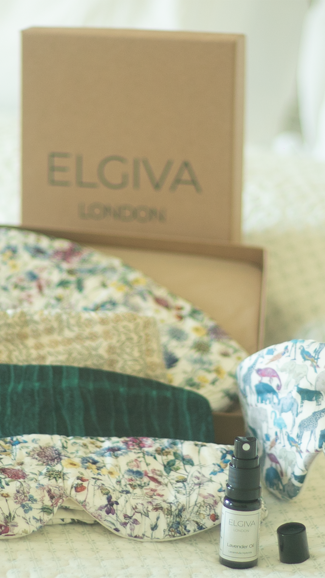 Elgiva London Lavender Oil Gift Box styled with a sleep eye mask, vertical crop