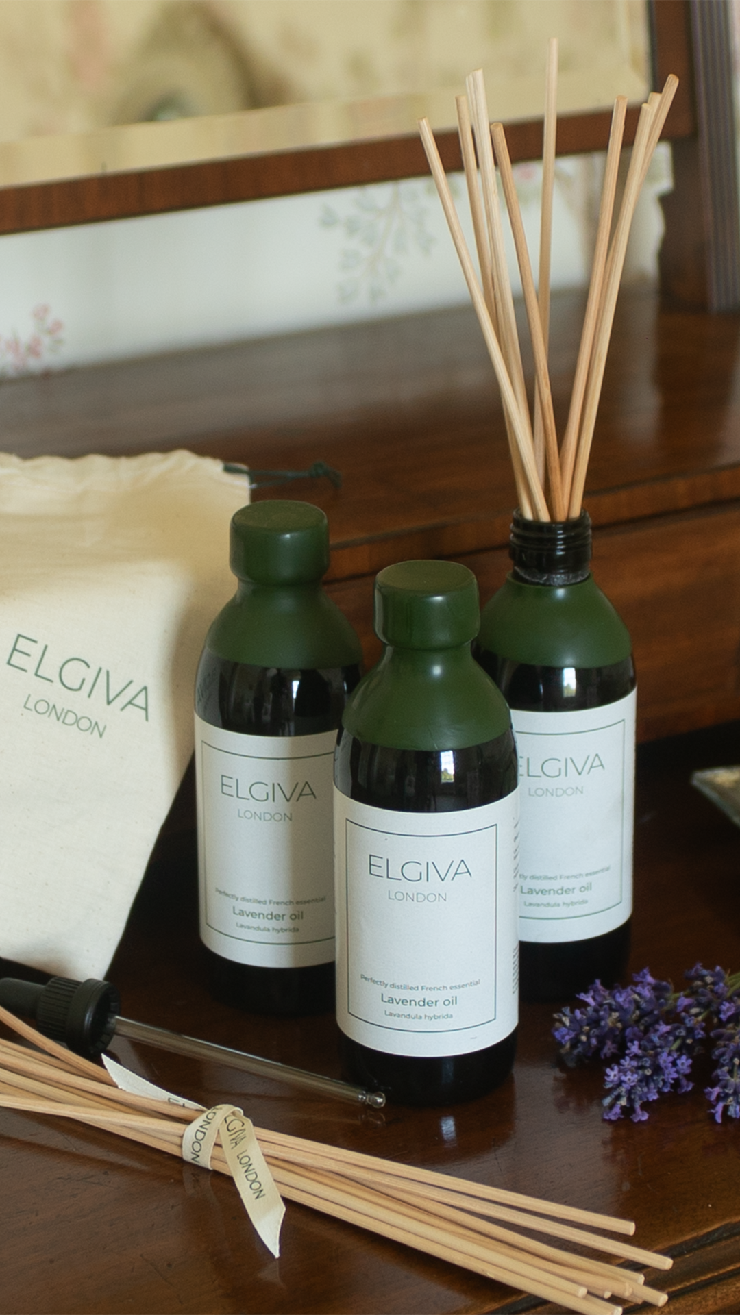 Elgiva London wax-topped 250ml lavender oil bottles, grouped bottle shot